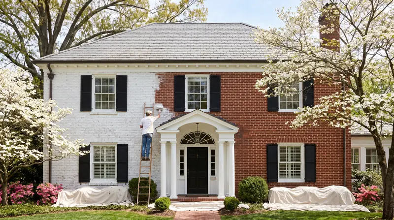 Painter limewashing red brick white on a Colonial Revival home among spring dogwoods