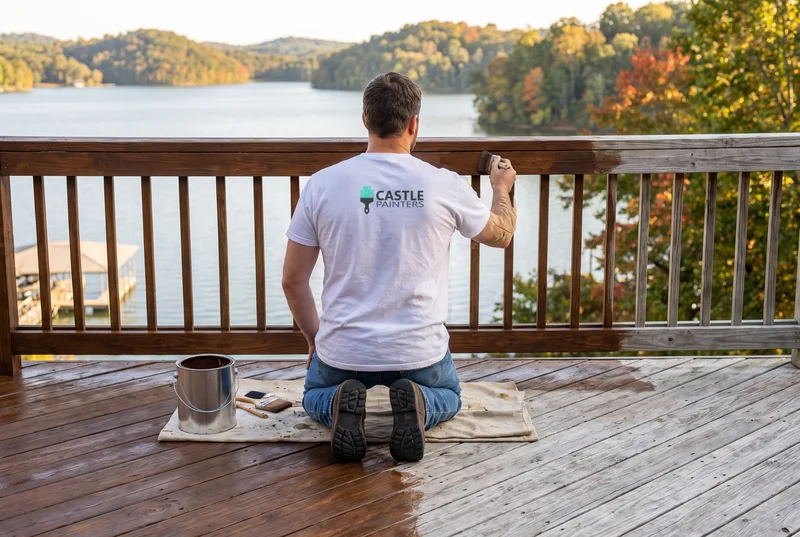 Painter staining a lakefront deck railing beside weathered gray boards near Lenoir City