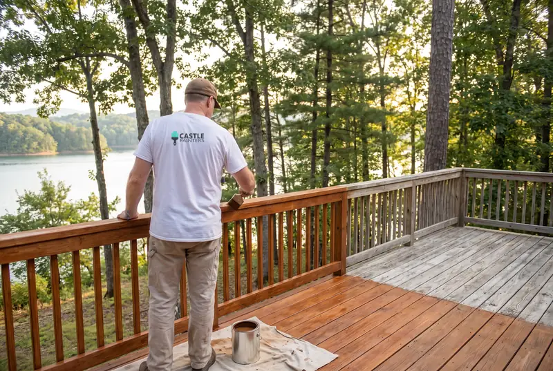 Painter staining a wooded lakeside deck railing in Tellico Village