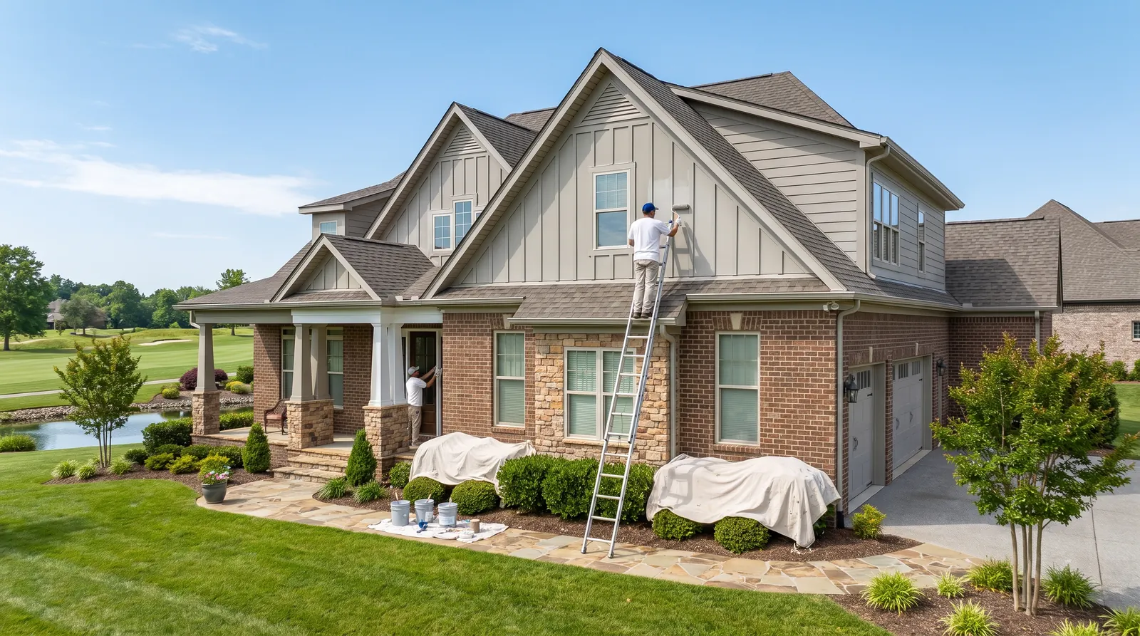 Painters on ladders repainting siding on a brick and stone craftsman home in Farragut, TN