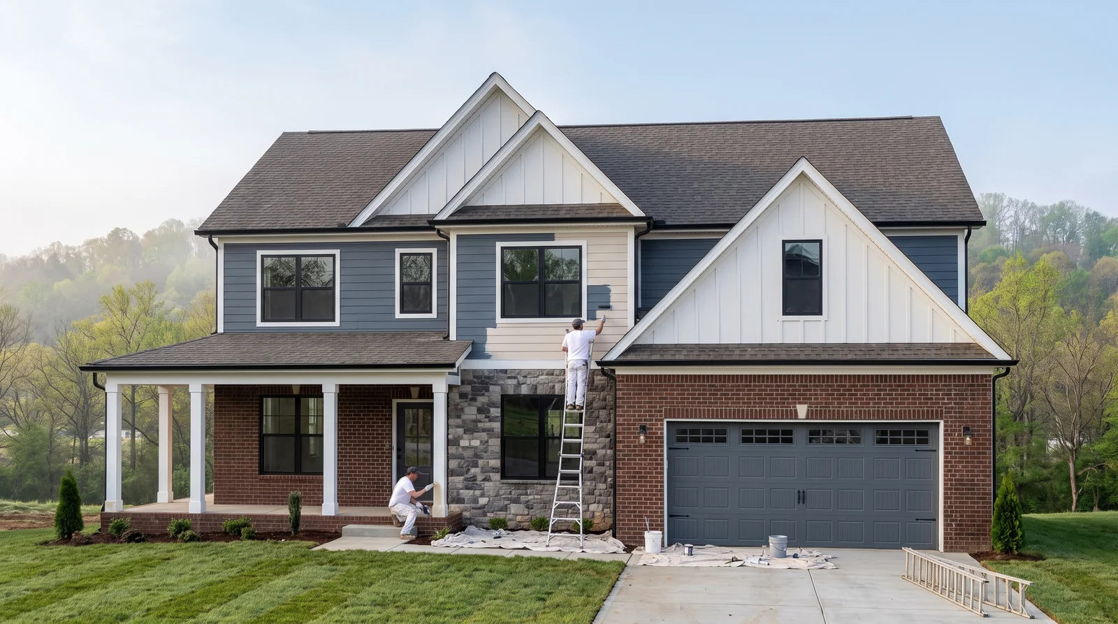 Painters working on siding and trim of a new craftsman home in Hardin Valley, TN