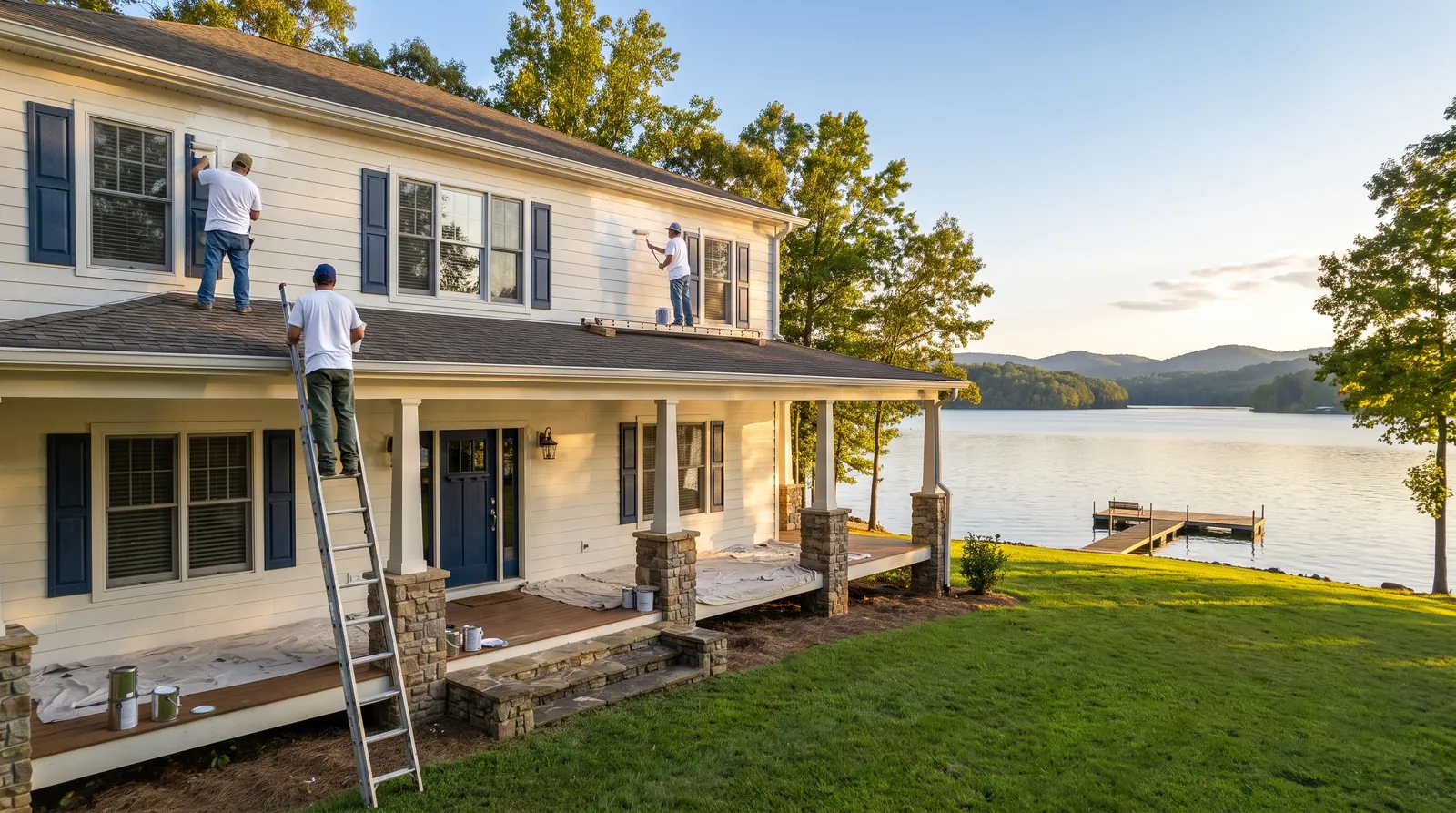 Painters on ladders painting white siding and navy shutters on a lake home in Kingston, TN