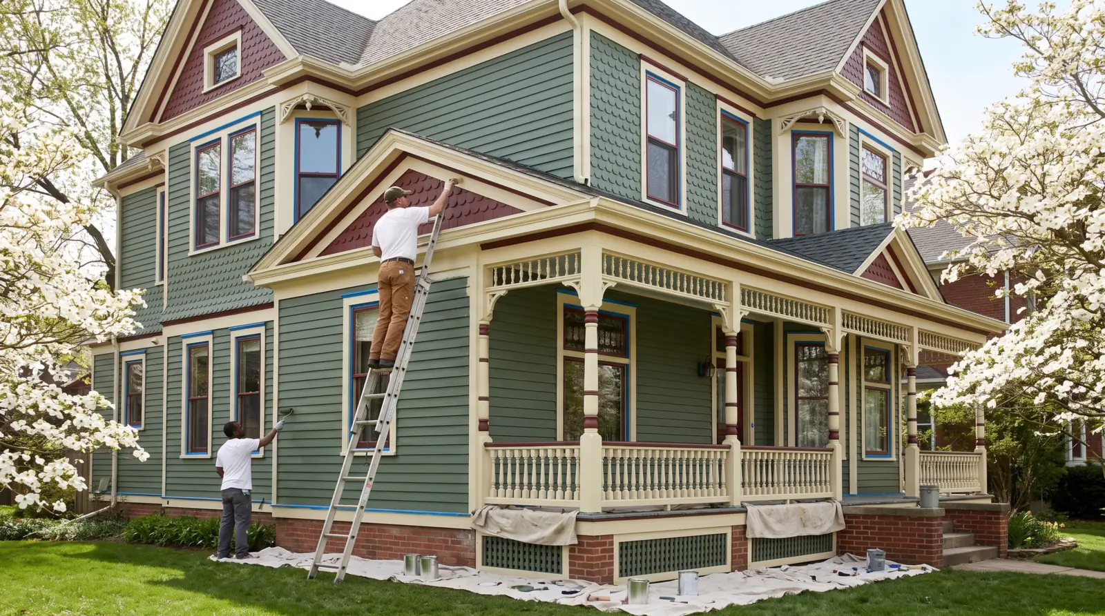 House painters refreshing trim on a sage green Victorian home in Knoxville, TN
