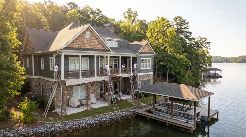 Painters repainting siding and trim on a craftsman lake home near Lenoir City, TN