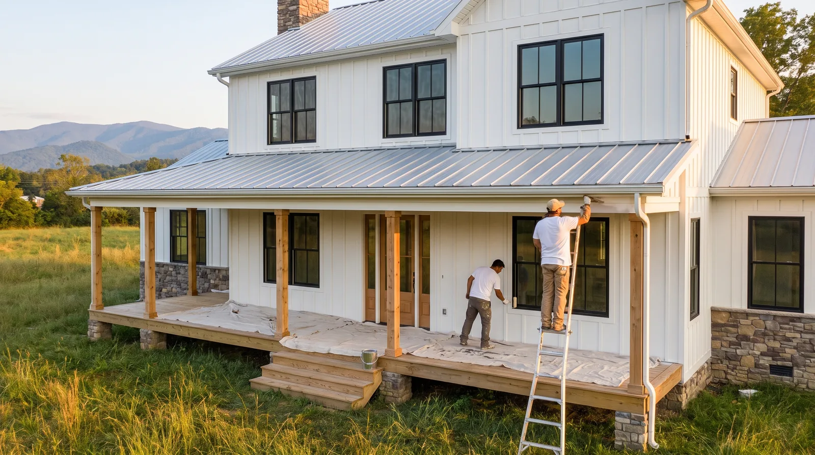 Painters on ladders painting a white modern farmhouse with Smoky Mountain views near Maryville