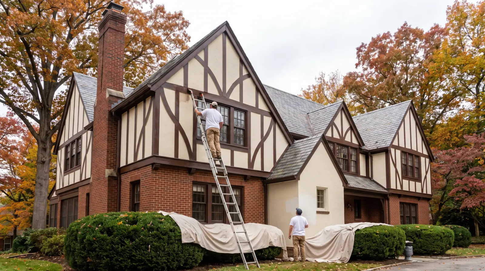 Painters refreshing half-timbering on a Tudor Revival home in Sequoyah Hills in autumn
