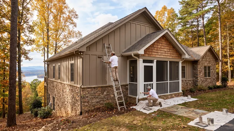 Painters refreshing board-and-batten and trim on a stone lake home in Tellico Village