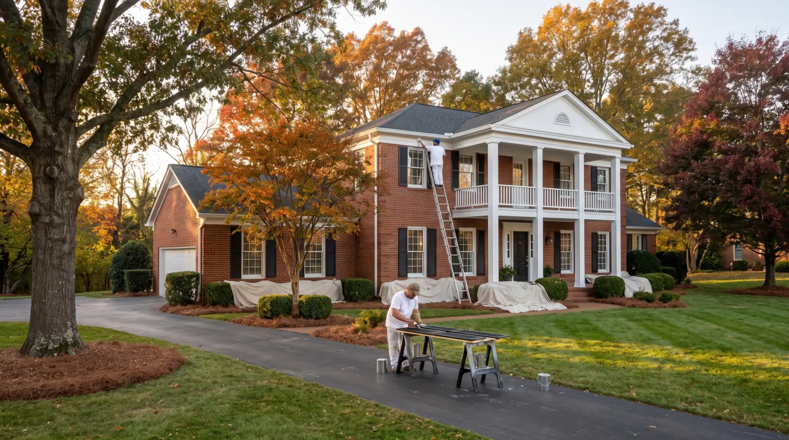 Painters refreshing white trim and black shutters on a brick home in West Knoxville