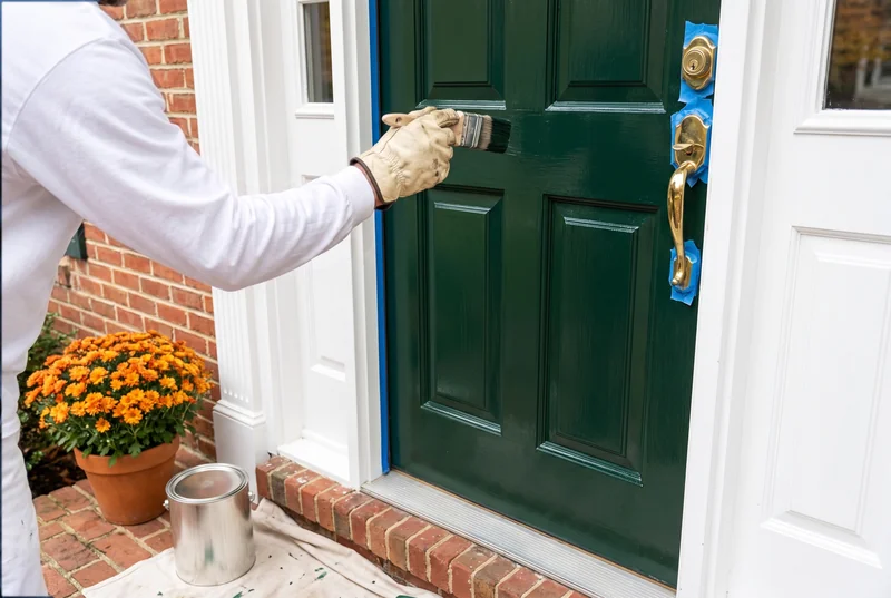 Painter brushing glossy hunter green onto a front door with taped brass hardware