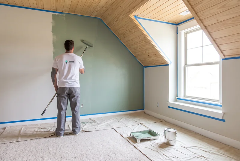 Painter rolling sage green paint on a bonus room wall under a wood ceiling