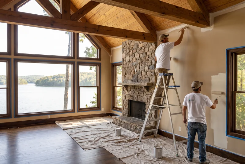 Two painters cutting in and rolling walls in a vaulted lake-view great room