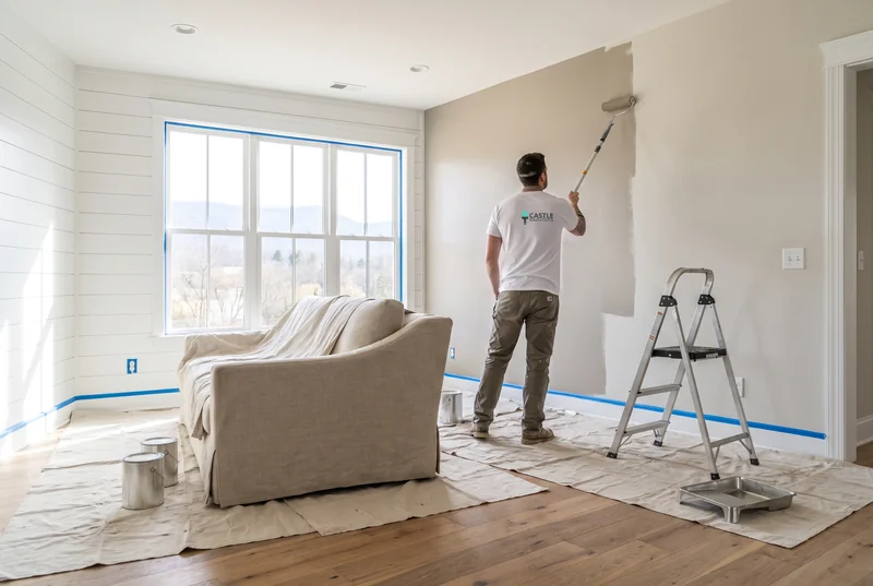 Painter rolling greige paint on a farmhouse living room wall with mountain-view windows in Maryville