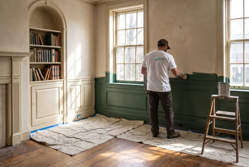 Painter brushing deep green paint onto paneled wainscoting in a traditional library
