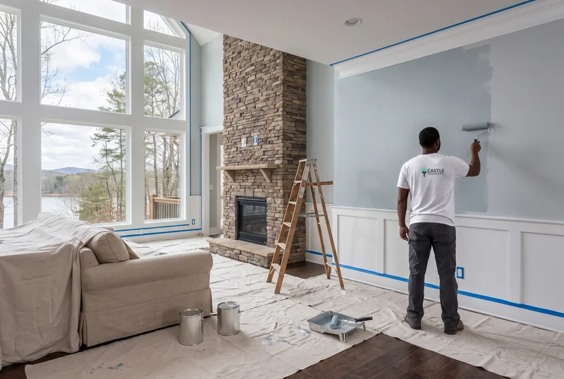 Painter rolling soft gray-blue above white wainscot in a lake-view living room