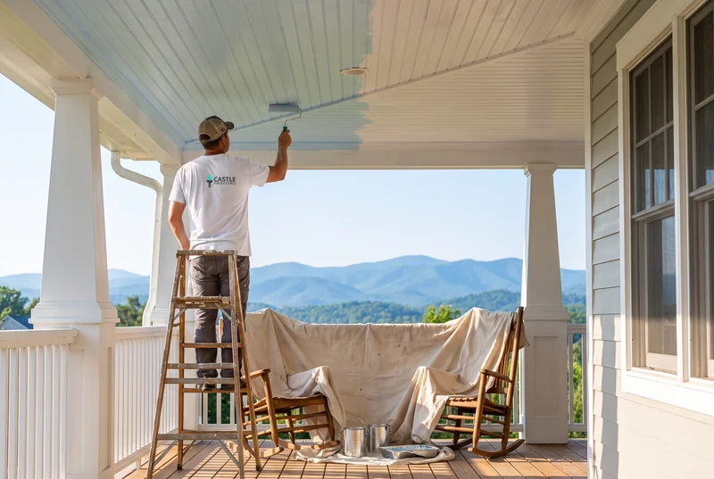 Painter rolling pale blue paint on a porch ceiling overlooking the Smoky Mountains
