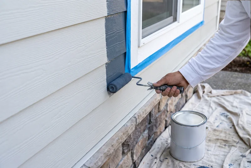 Close-up of a roller applying gray paint to fiber-cement lap siding above stone