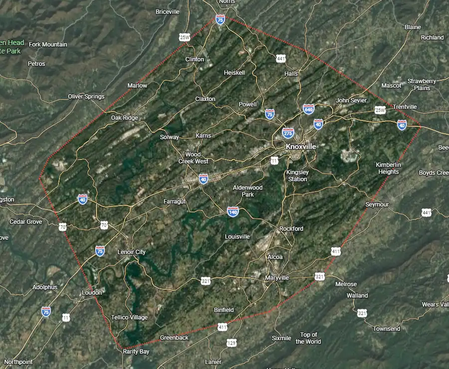 Knoxville painters service area map covering Knoxville, Farragut, Maryville, Lenoir City, Powell and Tellico Village