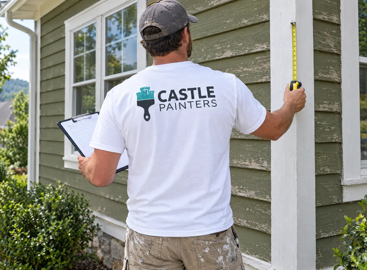 House painting estimate walkthrough in Knoxville, TN Painting estimator with a clipboard and tape measure checking weathered siding on a Knoxville home