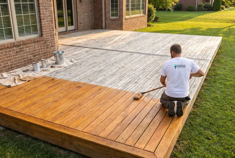 painter staining a Farragut backyard deck a fresh honey tone