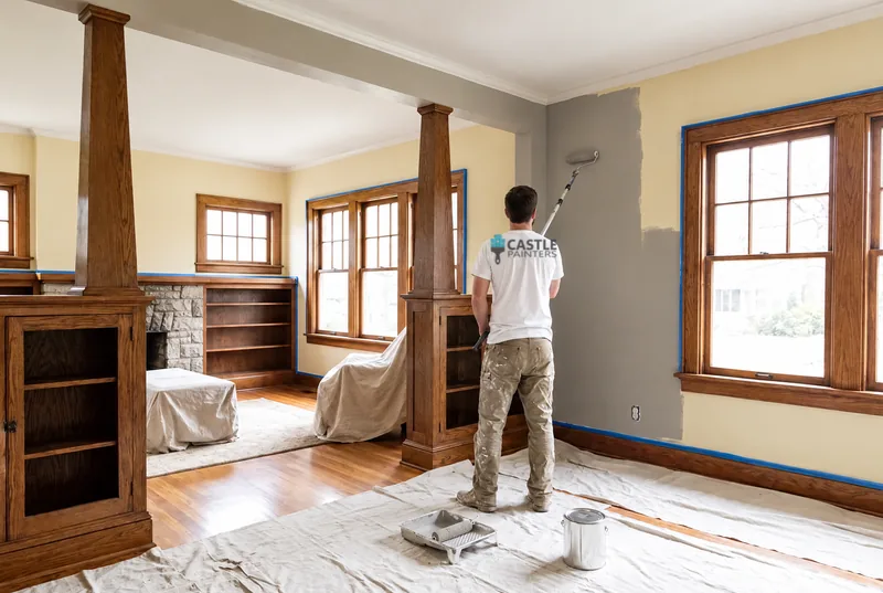 Painter rolling paint on a living room wall.