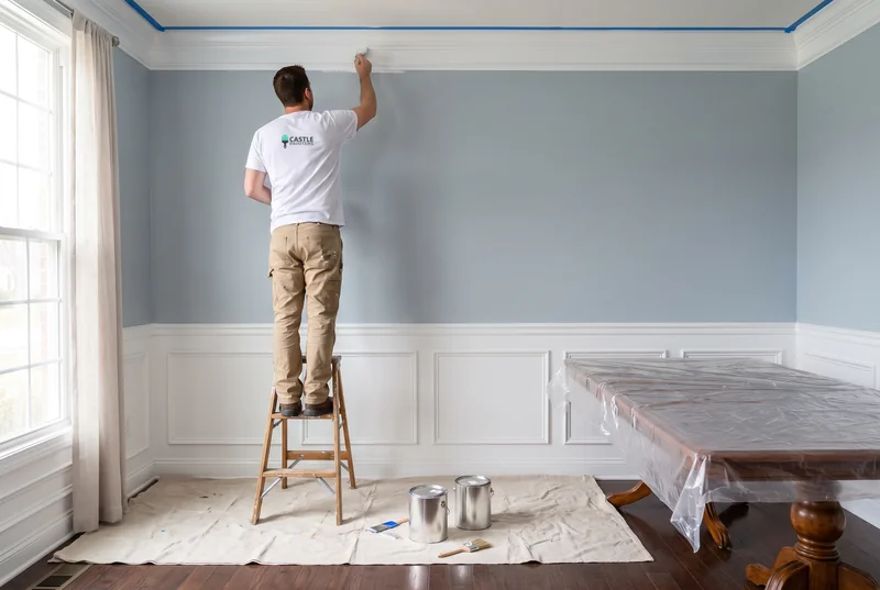 Painter on a step ladder painting crown molding in a blue-gray dining room