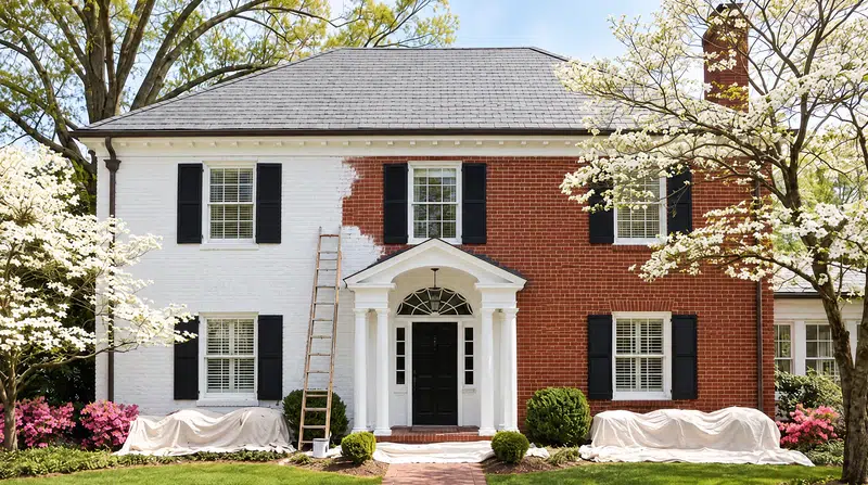 Brick painting Sequoyah Hills - Colonial Revival red brick home partly limewashed white among dogwoods