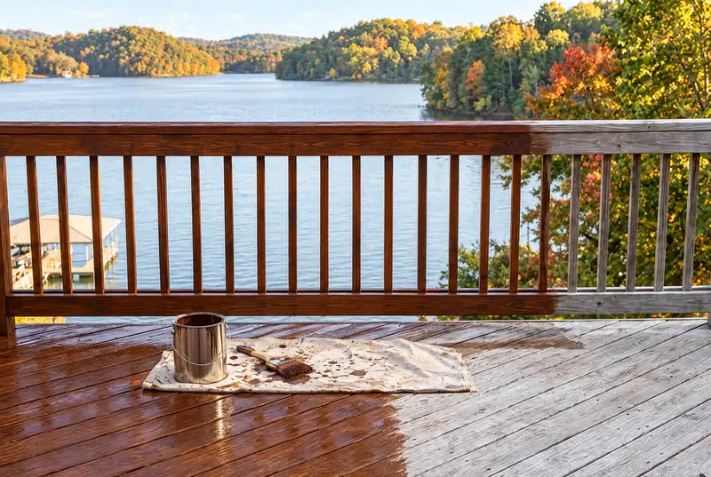 Deck staining Lenoir City TN - lakefront deck railing freshly stained beside weathered boards