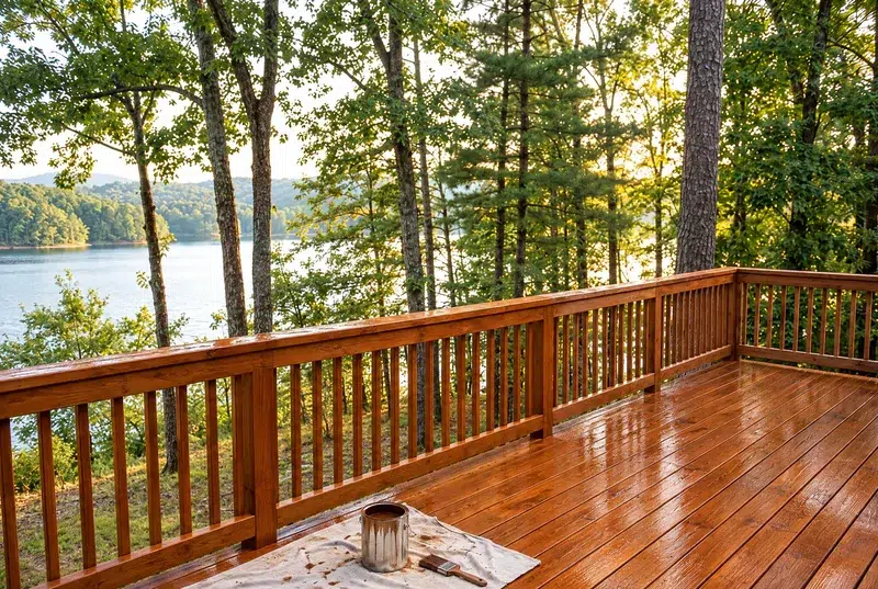 Deck staining Tellico Village - wooded lakeside deck freshly stained warm brown