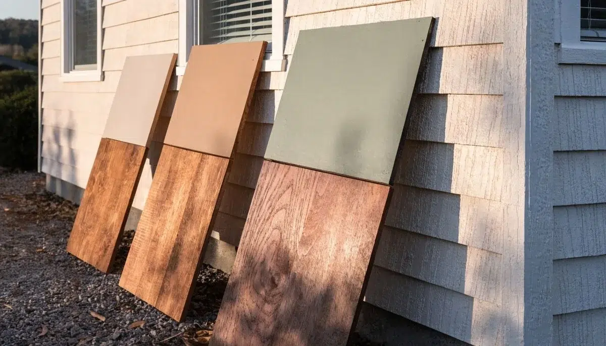 Sherwin-Williams exterior paint sample boards tested on a Knoxville home in natural light, exterior paint colors