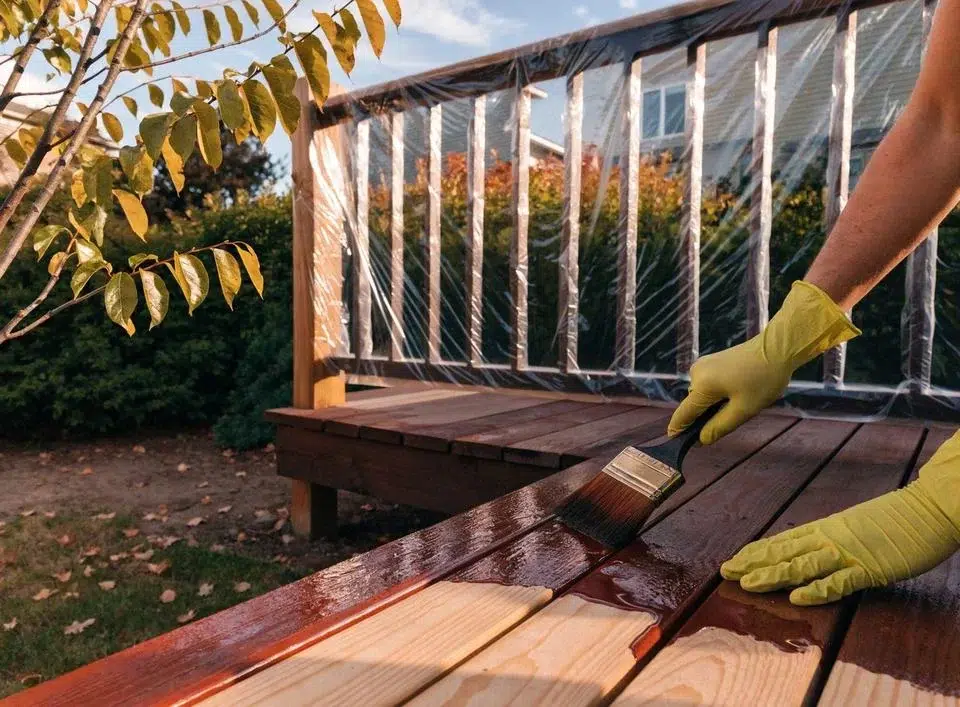 Wooden deck staining in progress on a Knoxville backyard deck in early fall, fall exterior painting by Castle Painters