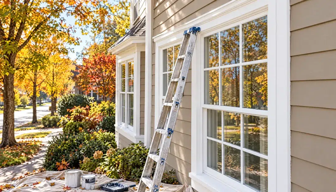 Fall exterior painting in Knoxville, TN Painter on a ladder brushing fresh paint onto white window trim of a tan-sided Knoxville home in early fall