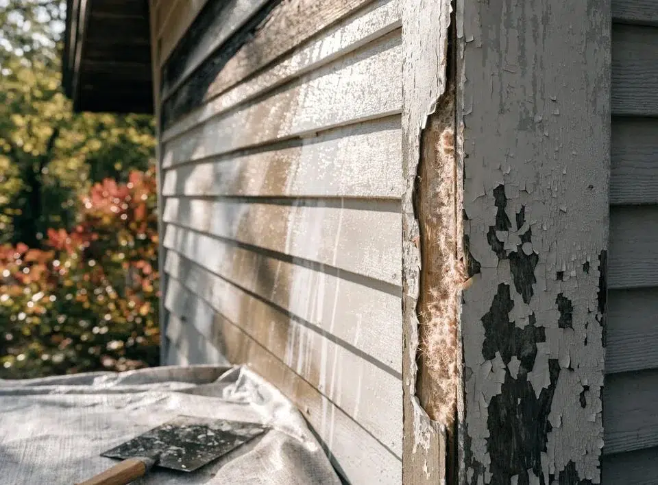 Exterior paint prep on a Knoxville home scraping and washing siding in fall, fall exterior painting by Castle Painters
