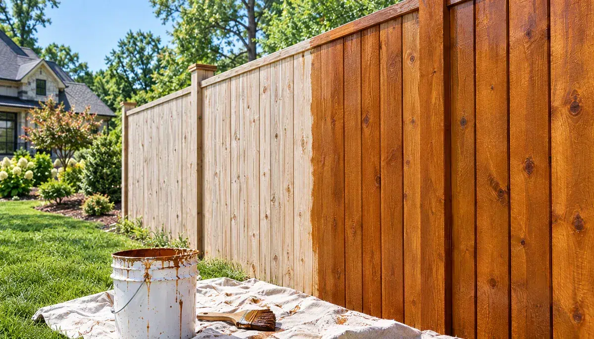 Fence staining Maryville TN - cedar privacy fence partly stained, with a stain bucket and brush on a drop cloth
