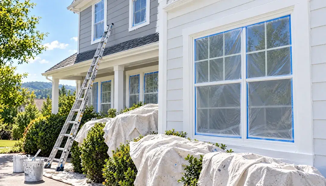 Painting a two-story house in Knoxville, TN Two painters repainting siding and white window trim on a light gray two-story house in Knoxville, TN