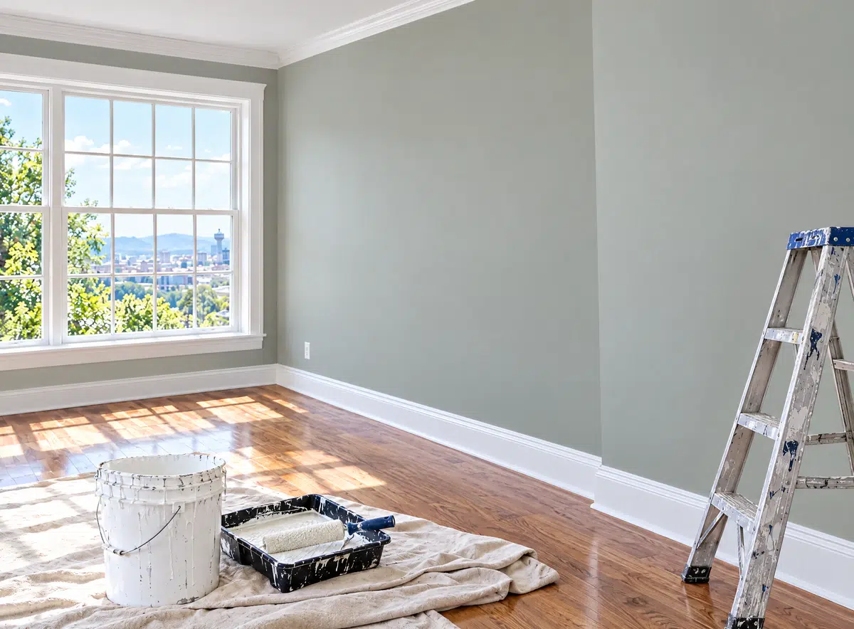 Painter for a day Tellico Village - empty room with fresh green-gray walls, a ladder, and a paint tray