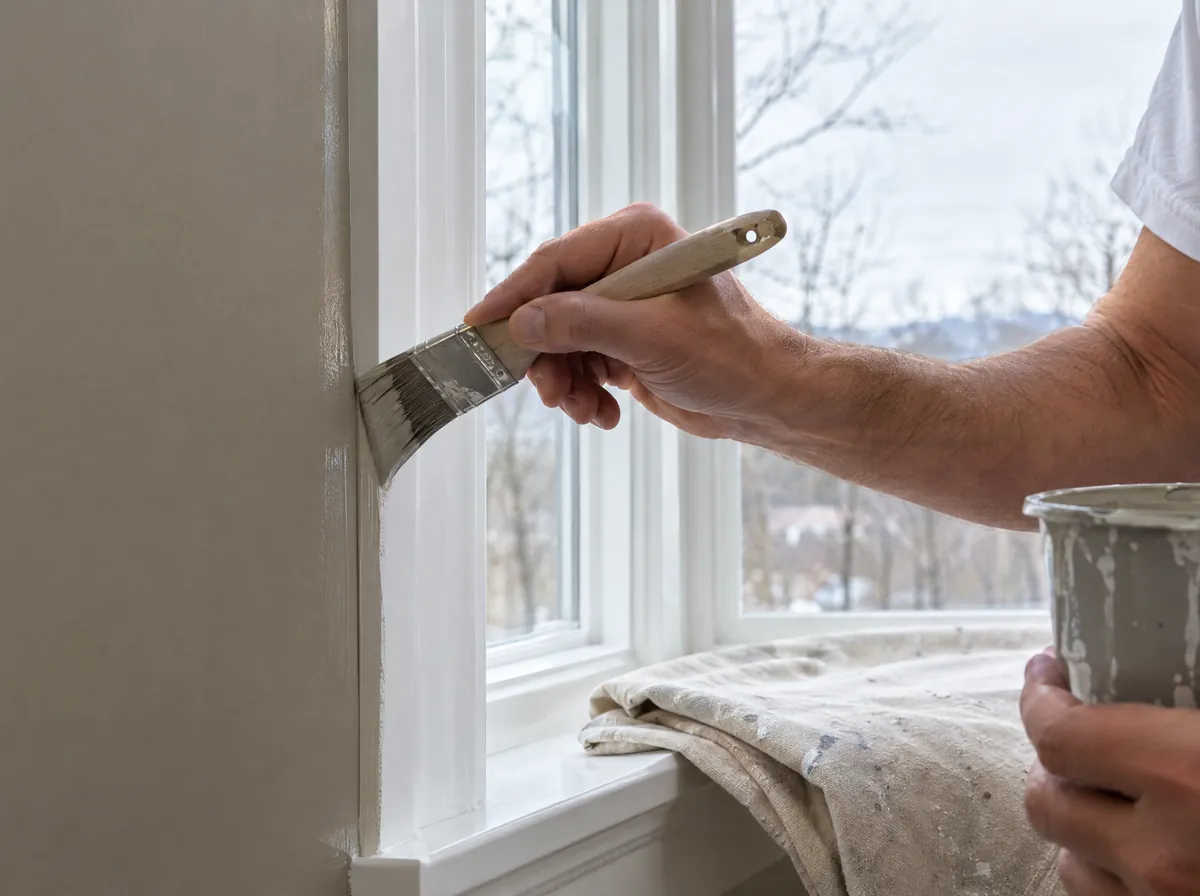 Cutting in along window trim during a winter repaint A painter's brush cutting in a clean line where a greige wall meets white window trim, with winter trees outside, interior painting in winter in Knoxville, TN
