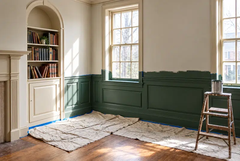 Interior painting Sequoyah Hills - library wainscoting freshly painted deep green