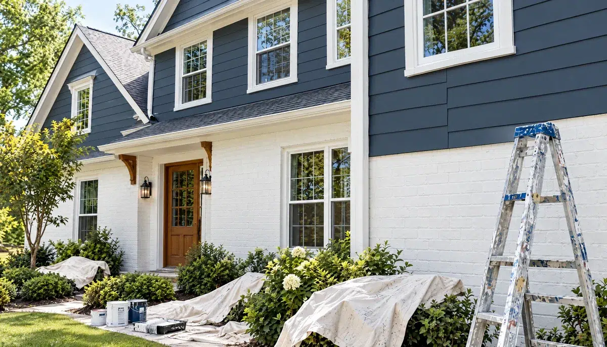 Brick and siding paint colors for East Tennessee homes Charcoal-blue siding above white-painted brick, Knoxville brick and siding paint colors by Castle Painters, exterior paint colors