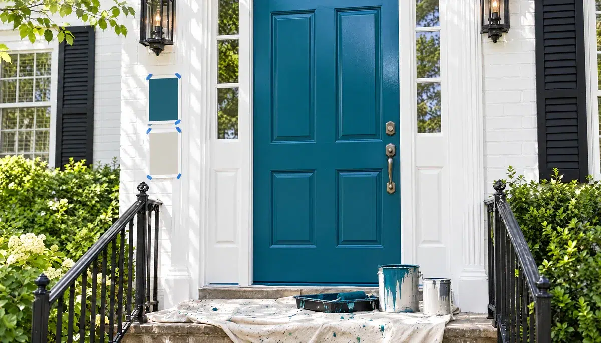 Teal-blue front door freshly painted on a white colonial home with color samples, Knoxville exterior paint colors from Castle Painters, painting blog