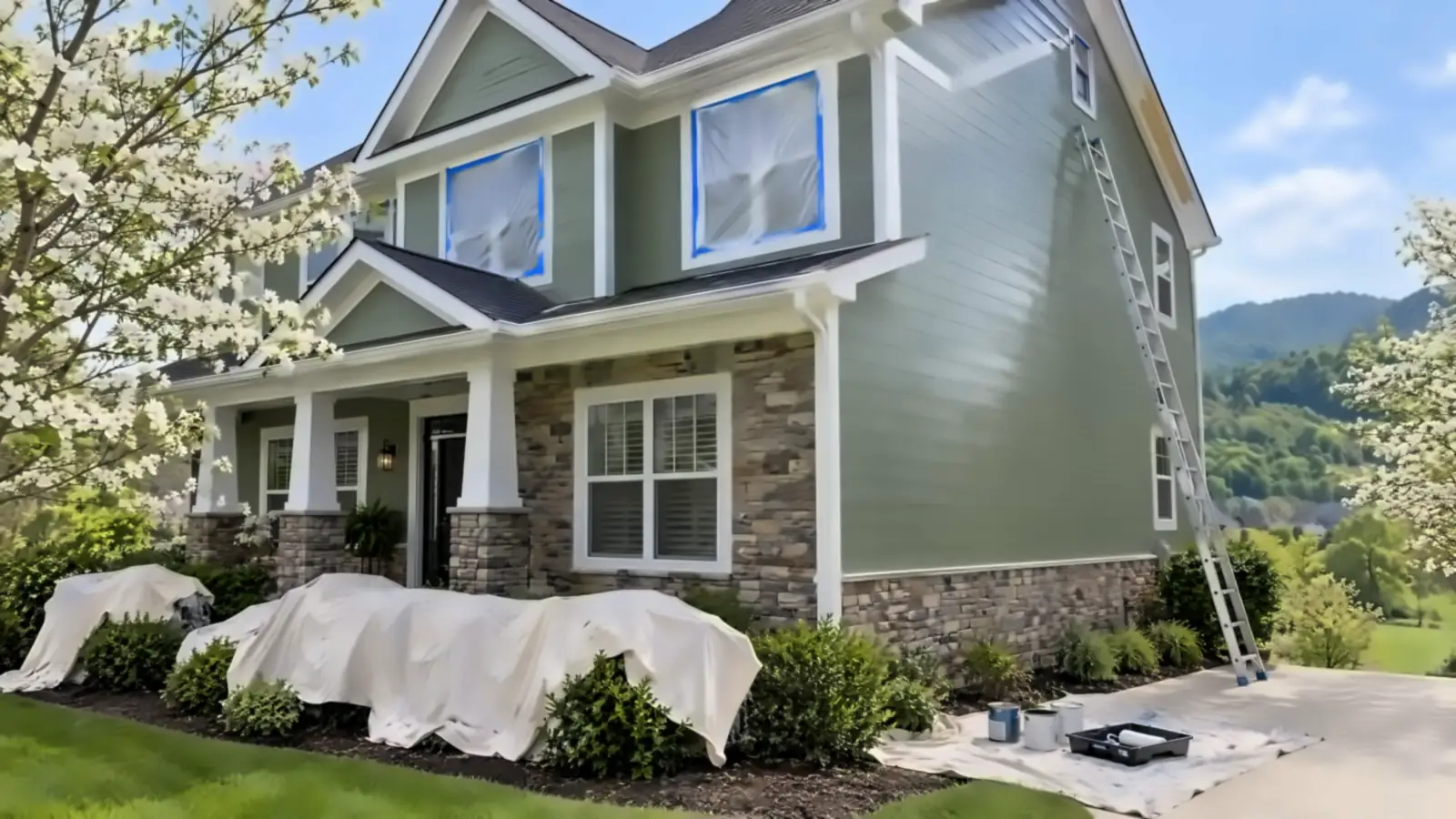 Stone two-story home with sage siding and white trim among spring dogwoods, painters in Hardin Valley, TN by Castle Painters