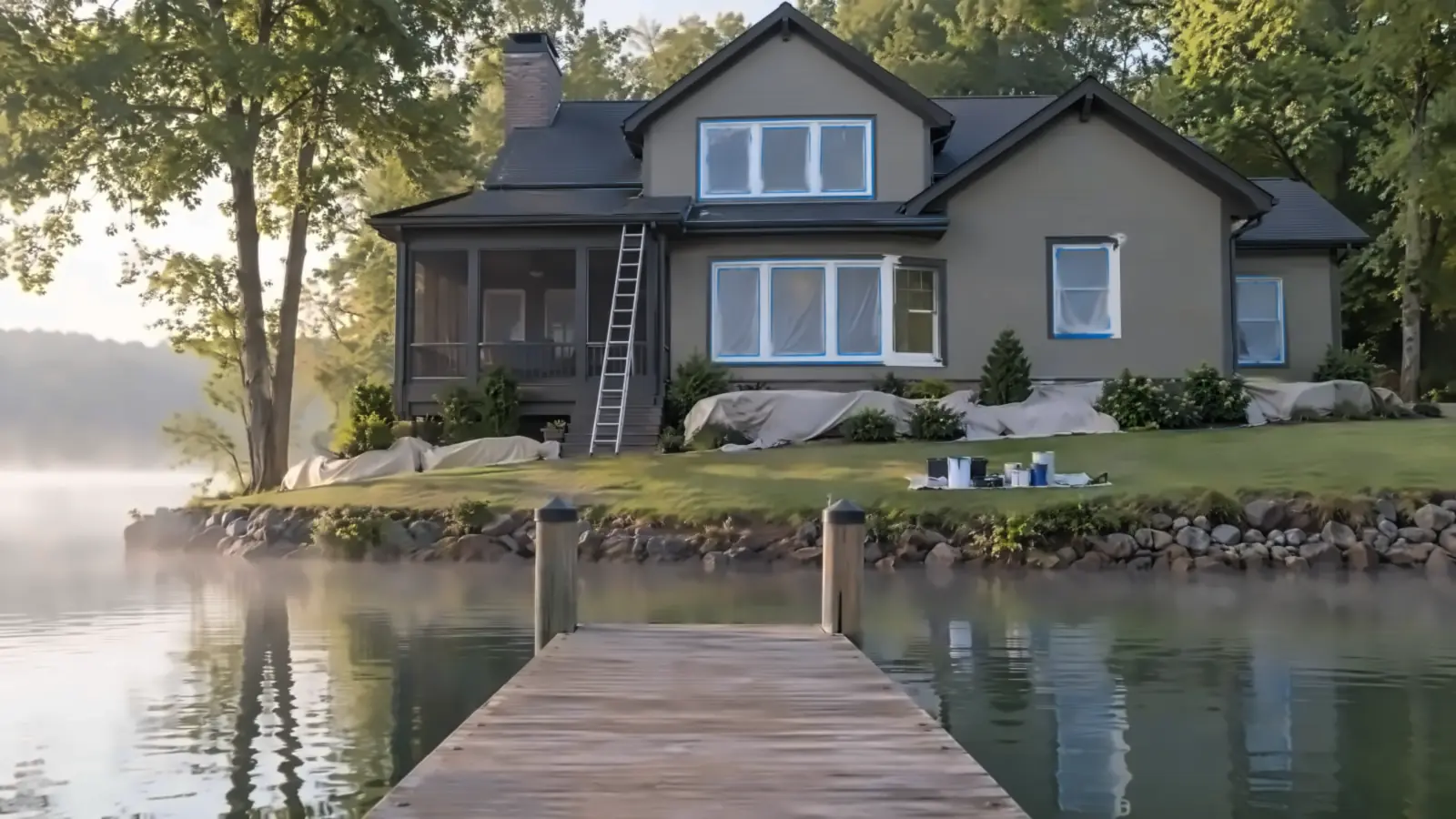 Lakefront craftsman with greige siding and white trim, seen from a dock, painters in Lenoir City, TN by Castle Painters
