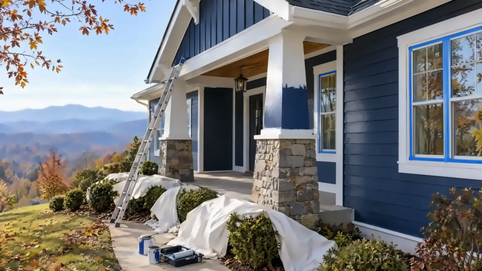 Navy craftsman porch with white trim and stone columns, Smoky Mountain ridges behind, painters in Maryville, TN