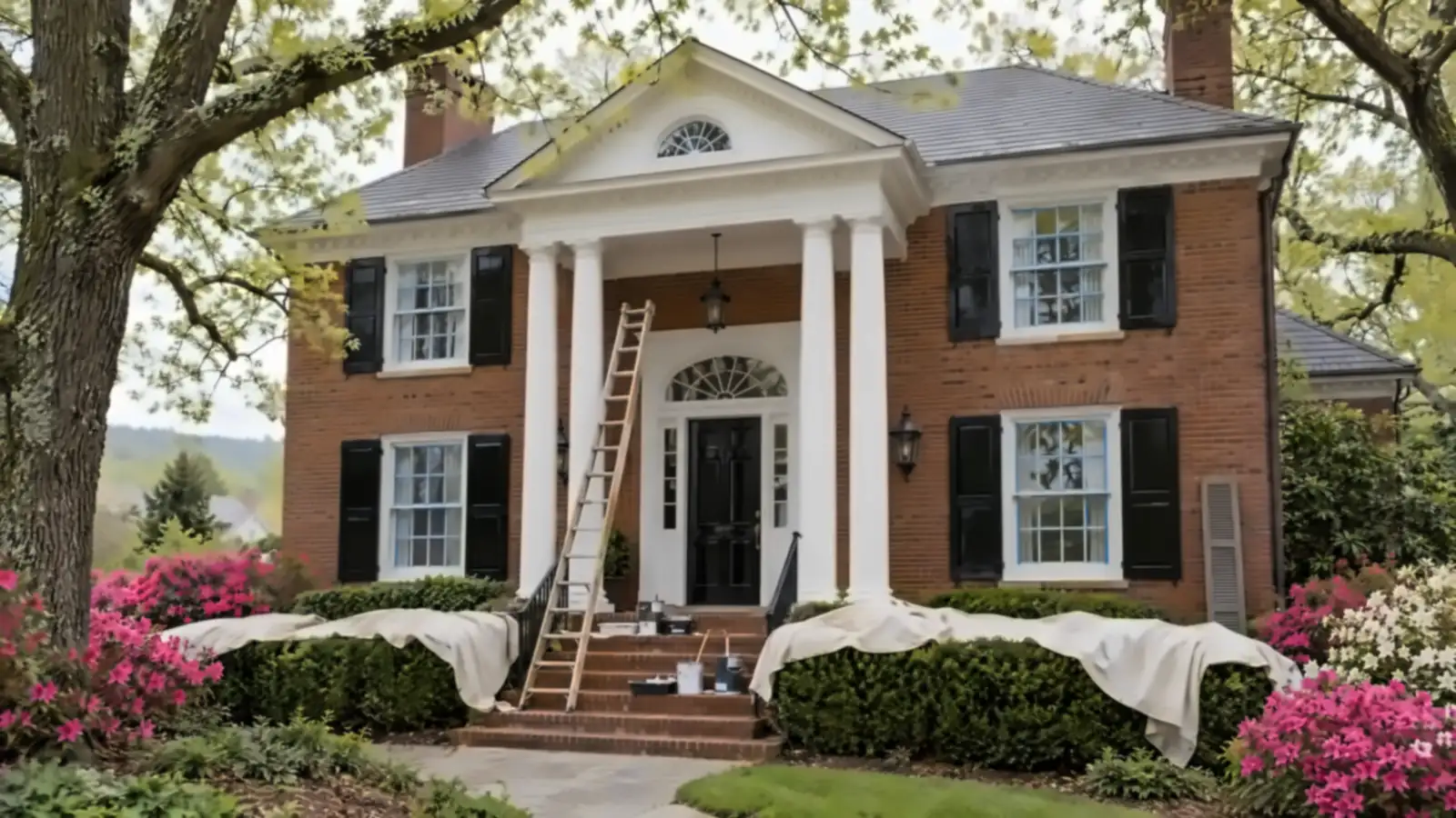 Stately brick Georgian with white portico columns and black shutters under old oaks, painters in Sequoyah Hills, TN
