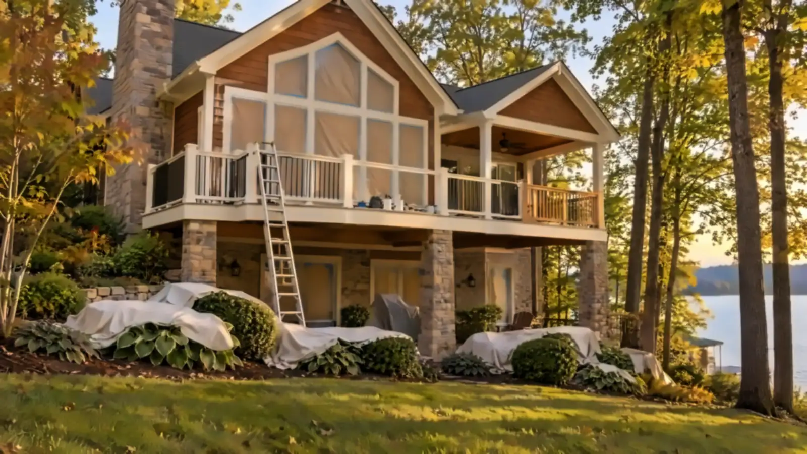 Stone-and-shake lake home in autumn hardwoods with a lake view, painters in Tellico Village, TN by Castle Painters