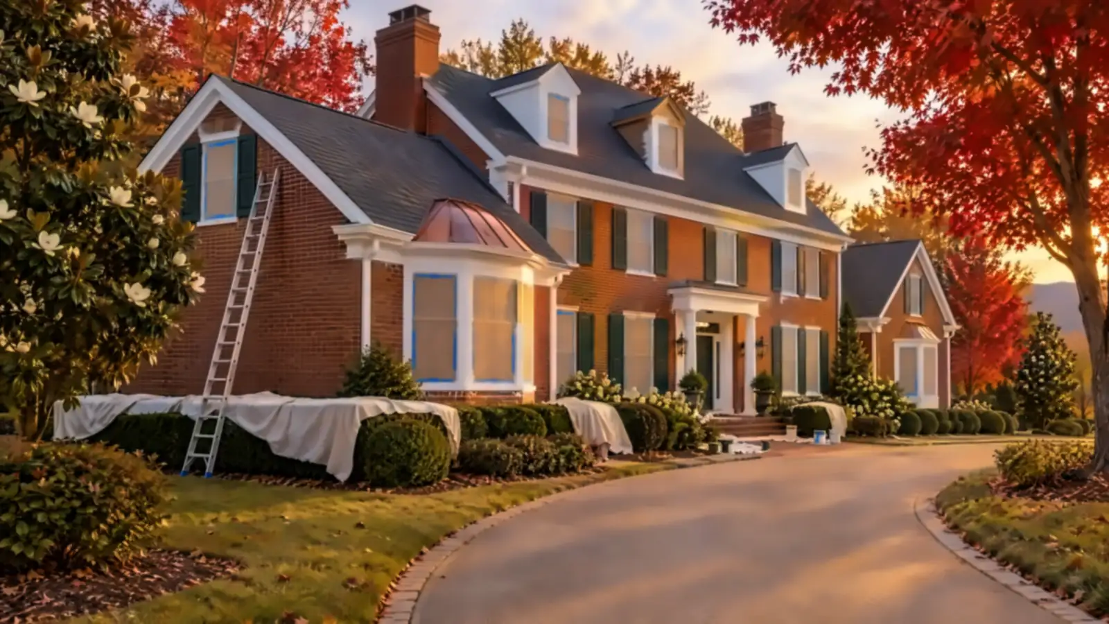 Brick estate home with white trim and green shutters at sunset, painters in West Knoxville, TN by Castle Painters