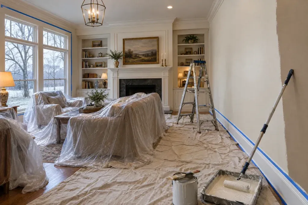 A living room mid-repaint with a roller resting in a paint tray, drop cloths on the floor, and bare trees outside the windows, painting blog in Knoxville, TN