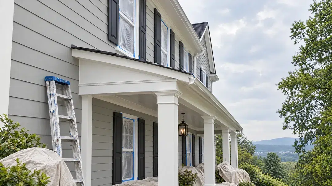 Freshly painted siding and masked windows on a hazy morning, painting in humid weather with Castle Painters, painting blog in Knoxville, TN