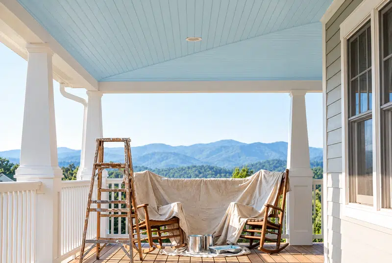 Exterior painting Maryville TN - pale blue porch ceiling freshly painted above a Smoky Mountain view