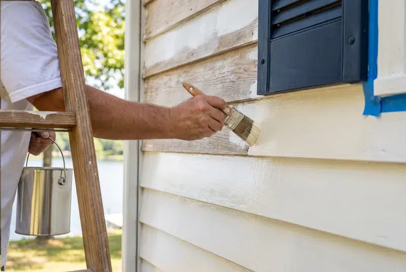 Siding painting Kingston TN - close-up of a brush applying fresh white paint to scraped wood lap siding