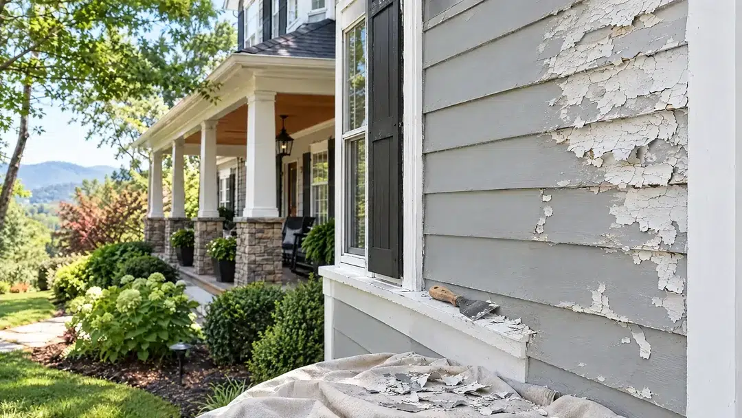 Peeling, blistering siding paint beside a scraped section and paint scraper, signs exterior paint is failing from Castle Painters, painting blog in Knoxville, TN